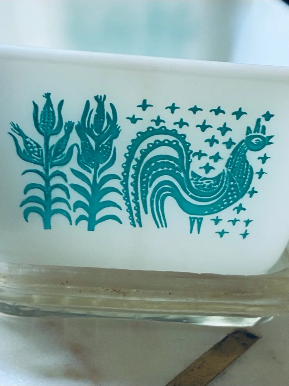 Pyrex White Glass Casserole with Teal Rooster and Corn Motif